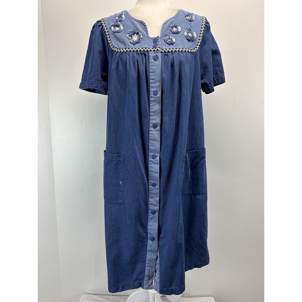 Go Softly Patio Chambray Cotton Patchwork House Dress With Pockets Size Small